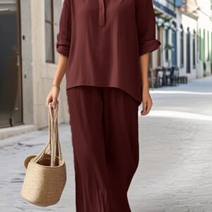Conjunto casual de moda liso em algodão e linho com camisa e calças soltas