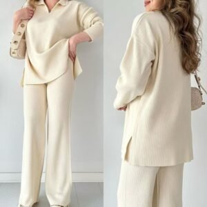 Conjunto de duas peças de suéter de malha feminino, estiloso, de cor lisa, com barra solta e fendas laterais