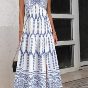 Vestido estampado com alças e fendas, sem alças