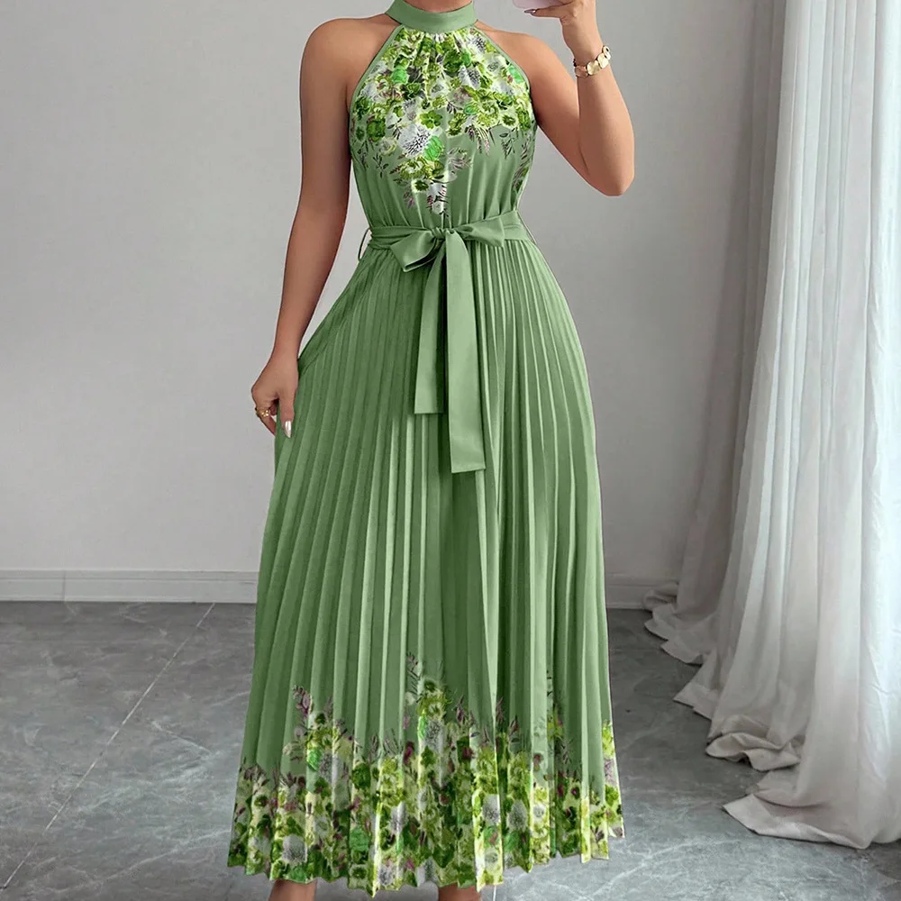 Vestido Feminino de Verão Chic Moda de Rua para Férias Vestido Longo para Festa Vestido Casual Maxi com Plissado e Laço - Imagem 10