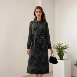 Vestido Midi Feminino de Alta Qualidade Verde Vintage com Gola Dobrável, Cinto na Cintura e Fivela de Elo de Corrente Estampado Elegante
