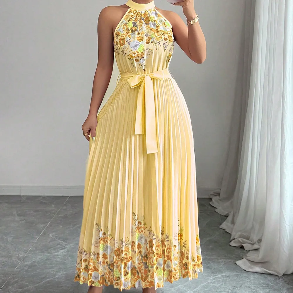 Vestido Feminino de Verão Chic Moda de Rua para Férias Vestido Longo para Festa Vestido Casual Maxi com Plissado e Laço - Imagem 9