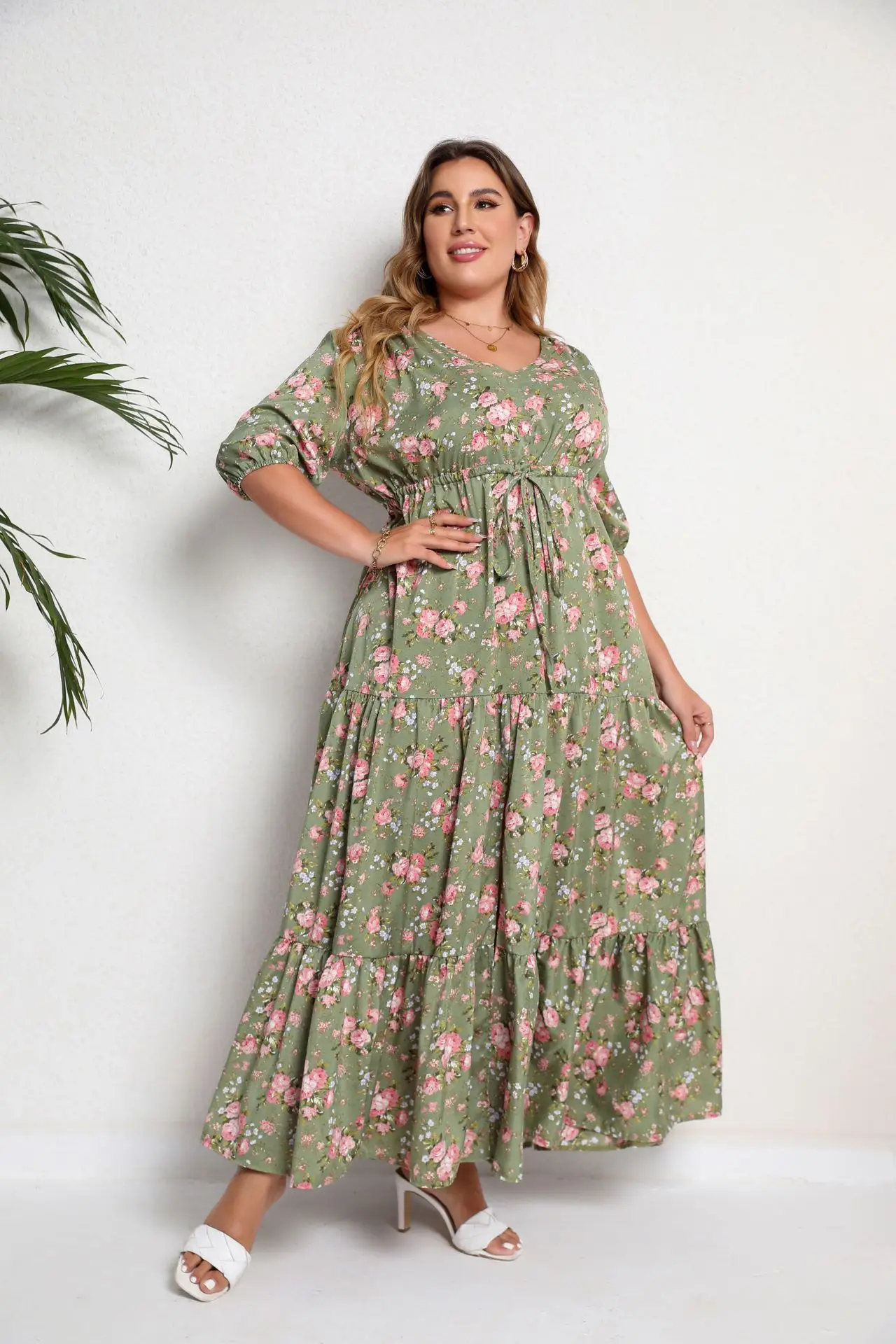 Vestidos Femininos Plus Size da Moda Estilo Boêmio de Verão com Decote V Sexy Estampado Floral Casuais Maxi com Fenda - Imagem 5