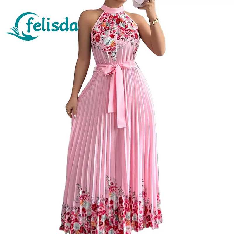 Vestido Feminino de Verão Chic Moda de Rua para Férias Vestido Longo para Festa Vestido Casual Maxi com Plissado e Laço
