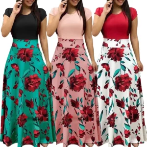 Novo Vestido Maxi de Verão para Mulheres com Estampa Floral, Cintura Alta, Lavável, Manga Curta, Tamanho Plus