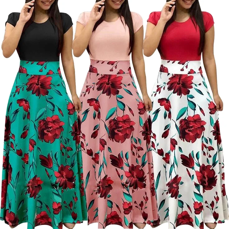 Novo Vestido Maxi de Verão para Mulheres com Estampa Floral, Cintura Alta, Lavável, Manga Curta, Tamanho Plus