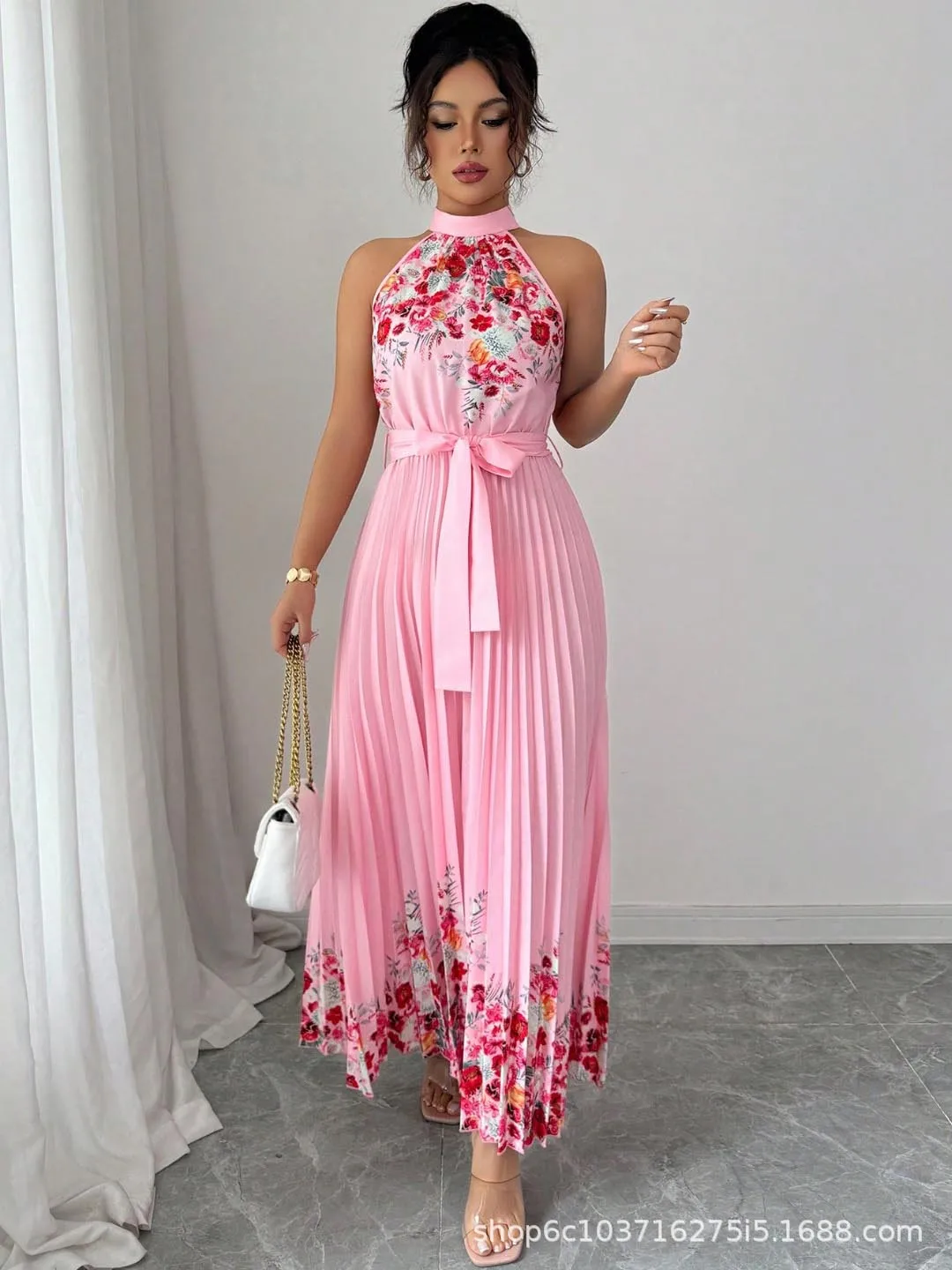 Vestido Feminino de Verão Chic Moda de Rua para Férias Vestido Longo para Festa Vestido Casual Maxi com Plissado e Laço - Imagem 2