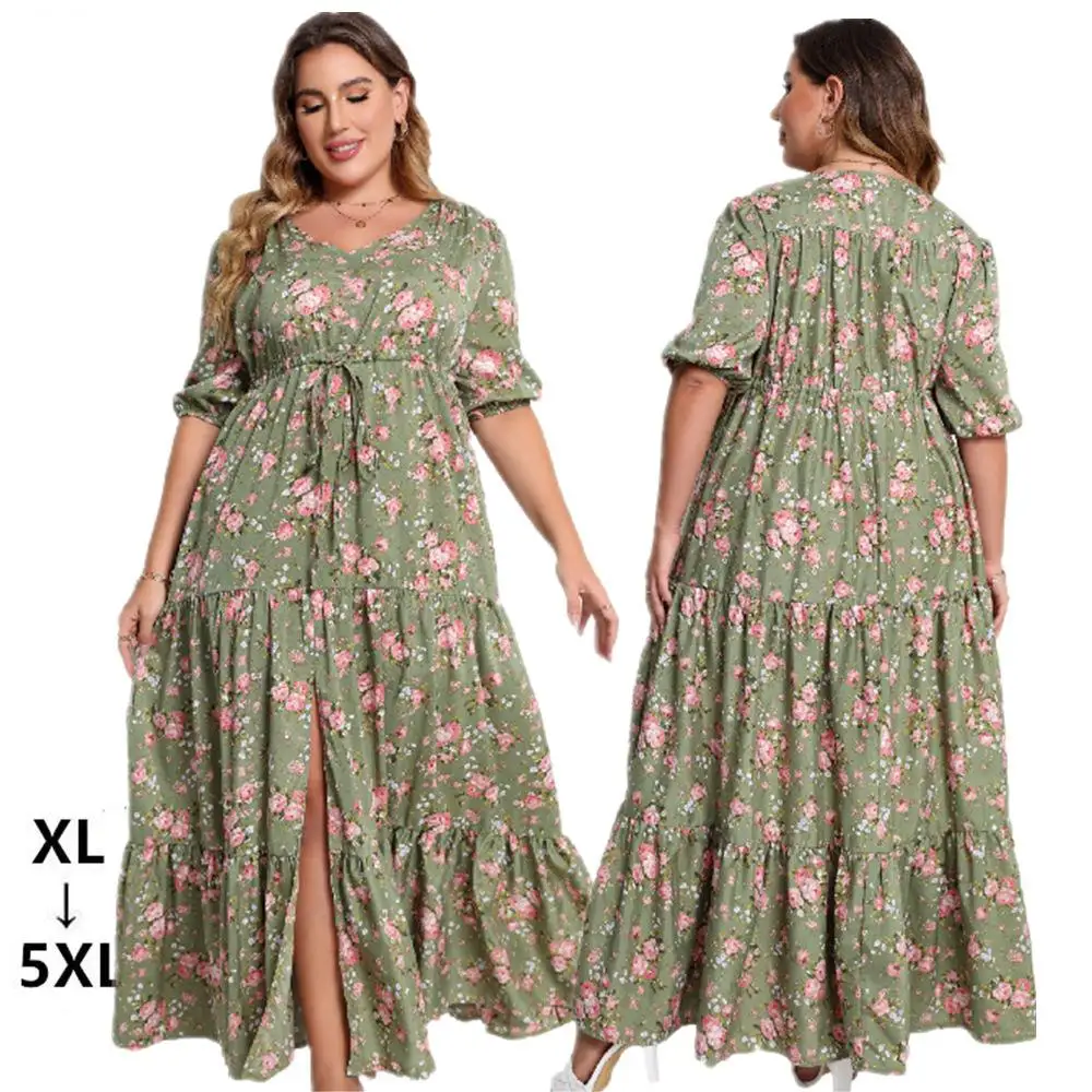 Vestidos Femininos Plus Size da Moda Estilo Boêmio de Verão com Decote V Sexy Estampado Floral Casuais Maxi com Fenda