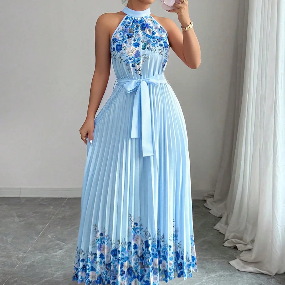 Vestido Feminino de Verão Chic Moda de Rua para Férias Vestido Longo para Festa Vestido Casual Maxi com Plissado e Laço - Imagem 11