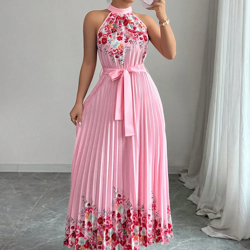 Vestido Feminino de Verão Chic Moda de Rua para Férias Vestido Longo para Festa Vestido Casual Maxi com Plissado e Laço - Imagem 7