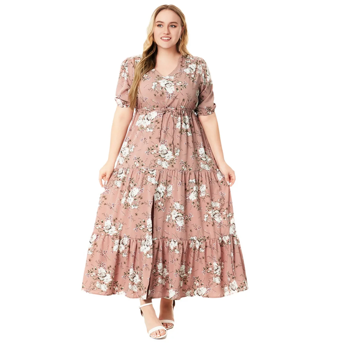 Vestidos Femininos Plus Size da Moda Estilo Boêmio de Verão com Decote V Sexy Estampado Floral Casuais Maxi com Fenda - Imagem 2