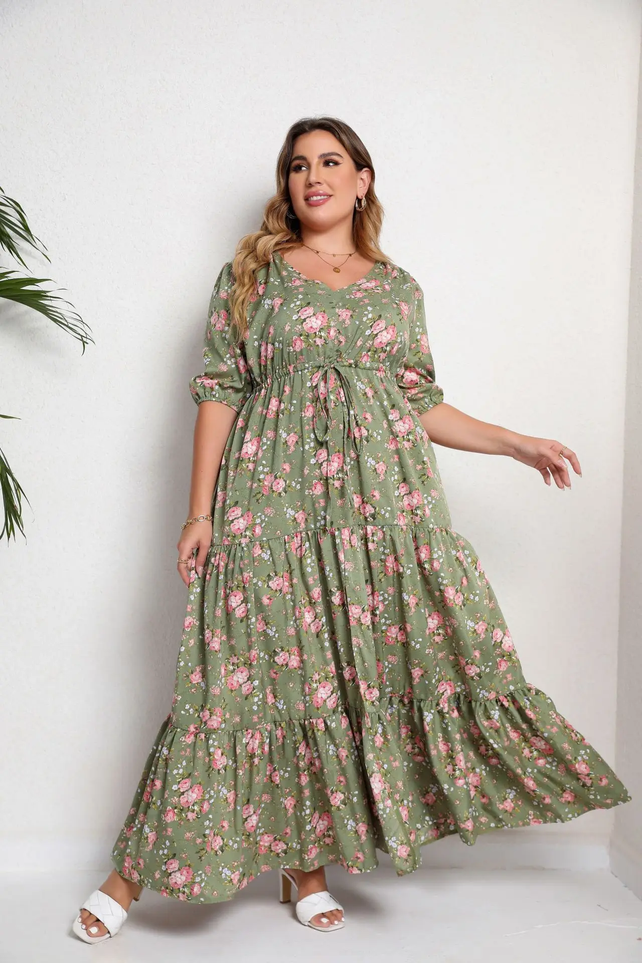 Vestidos Femininos Plus Size da Moda Estilo Boêmio de Verão com Decote V Sexy Estampado Floral Casuais Maxi com Fenda - Imagem 6