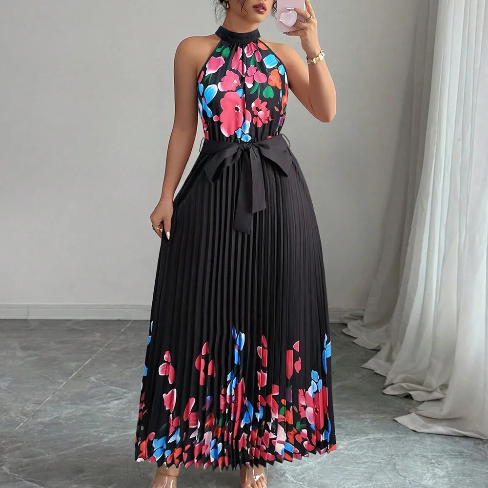 Vestido Feminino de Verão Chic Moda de Rua para Férias Vestido Longo para Festa Vestido Casual Maxi com Plissado e Laço - Imagem 8
