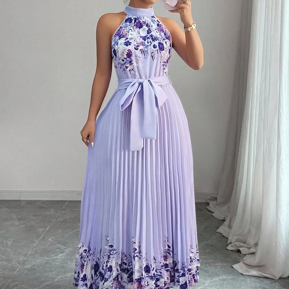 Vestido Feminino de Verão Chic Moda de Rua para Férias Vestido Longo para Festa Vestido Casual Maxi com Plissado e Laço - Imagem 5