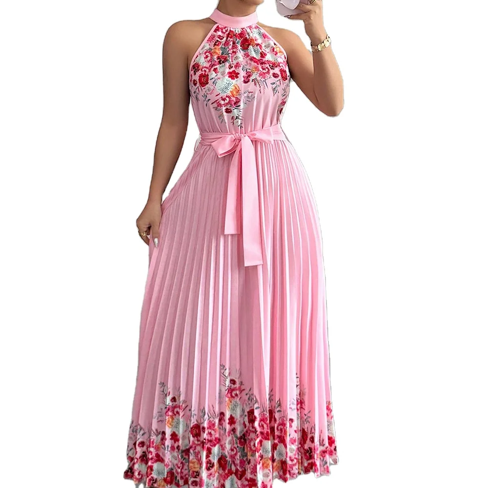 Vestido Feminino de Verão Chic Moda de Rua para Férias Vestido Longo para Festa Vestido Casual Maxi com Plissado e Laço - Imagem 6
