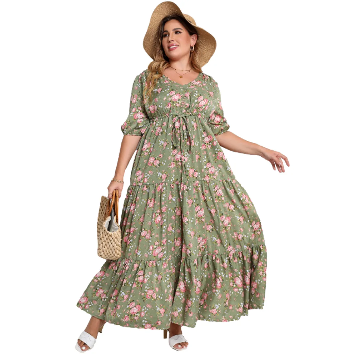 Vestidos Femininos Plus Size da Moda Estilo Boêmio de Verão com Decote V Sexy Estampado Floral Casuais Maxi com Fenda - Imagem 4