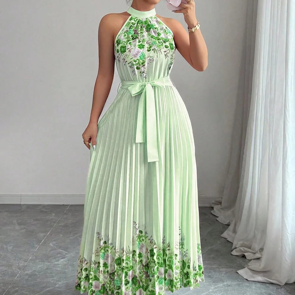 Vestido Feminino de Verão Chic Moda de Rua para Férias Vestido Longo para Festa Vestido Casual Maxi com Plissado e Laço - Imagem 3