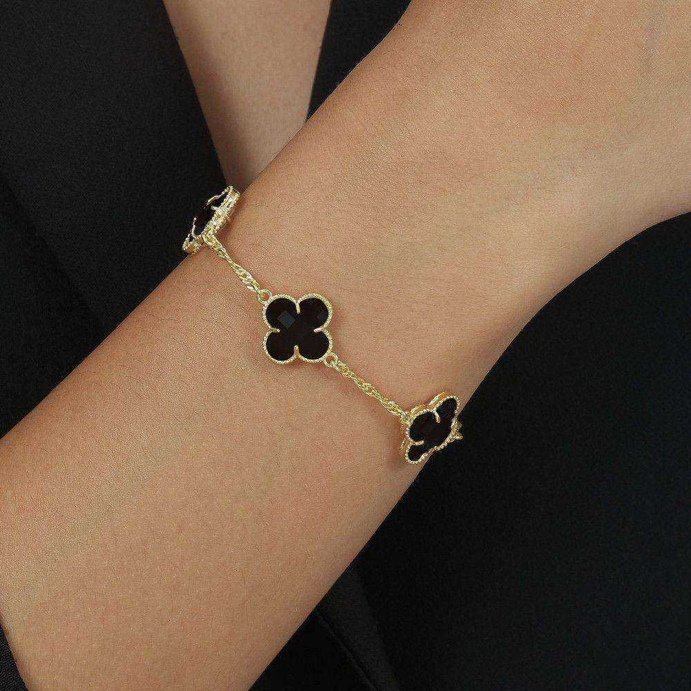 Pulseira Dourada Trevos Zircônia Preta - Imagem 2