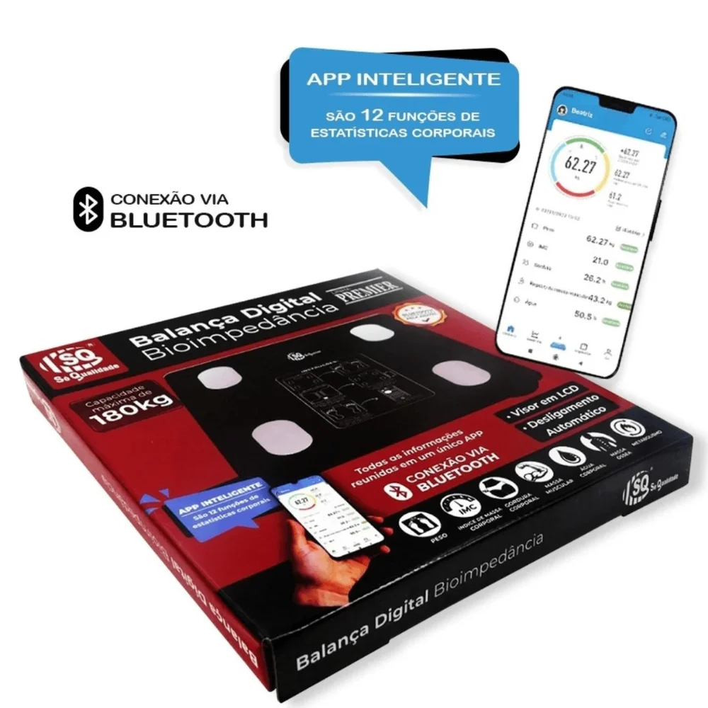 Balança Digital Corporal Bioimpedancia Aplicativo Bluetooth Fitness Controle de