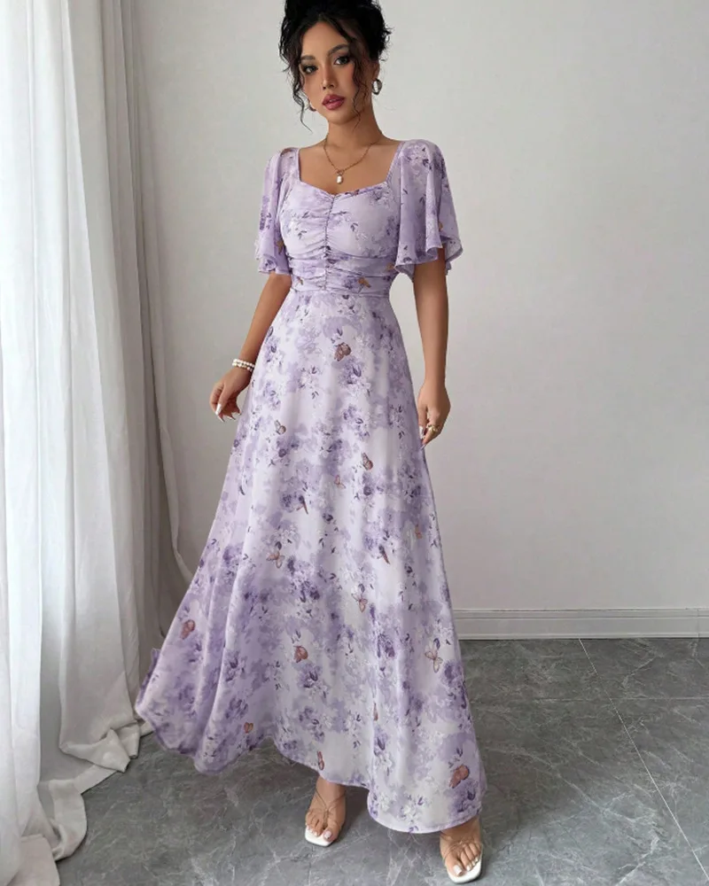 Novo Vestido Floral Feminino de Primavera e Verão com Fenda e Saia Ampla Estilo Europeu e Americano - Imagem 6