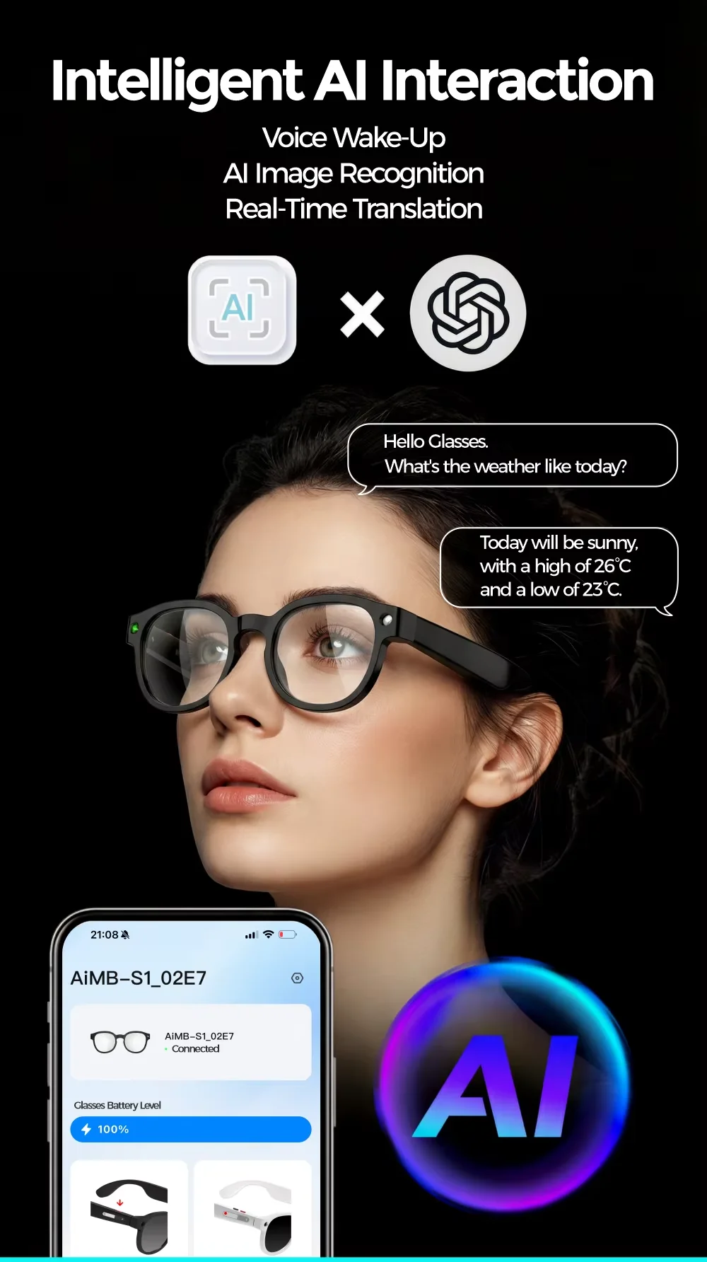 Óculos Inteligentes com Câmera Dual de 5MP, Carregamento Magnético, Tradução em Tempo Real e Áudio - Imagem 3