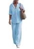 Conjunto Feminino Primavera Verão Novo de Camisa e Calça, Roupas Casuais de Linho Tamanhos Grandes, Conjunto de Duas Peças Feminino - Imagem 13