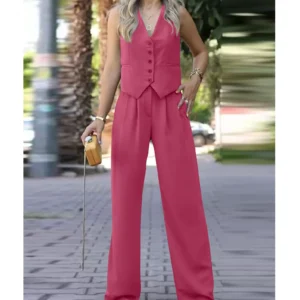 Elegante Sem Mangas Botão Vest Casual Calças Compridas Set para Mulher Two Piece Fashion Set