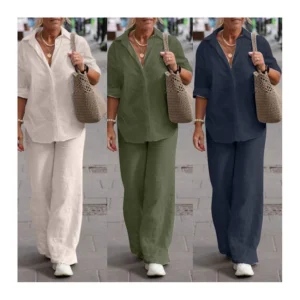 Conjunto Feminino Primavera Verão Novo de Camisa e Calça, Roupas Casuais de Linho Tamanhos Grandes, Conjunto de Duas Peças Feminino