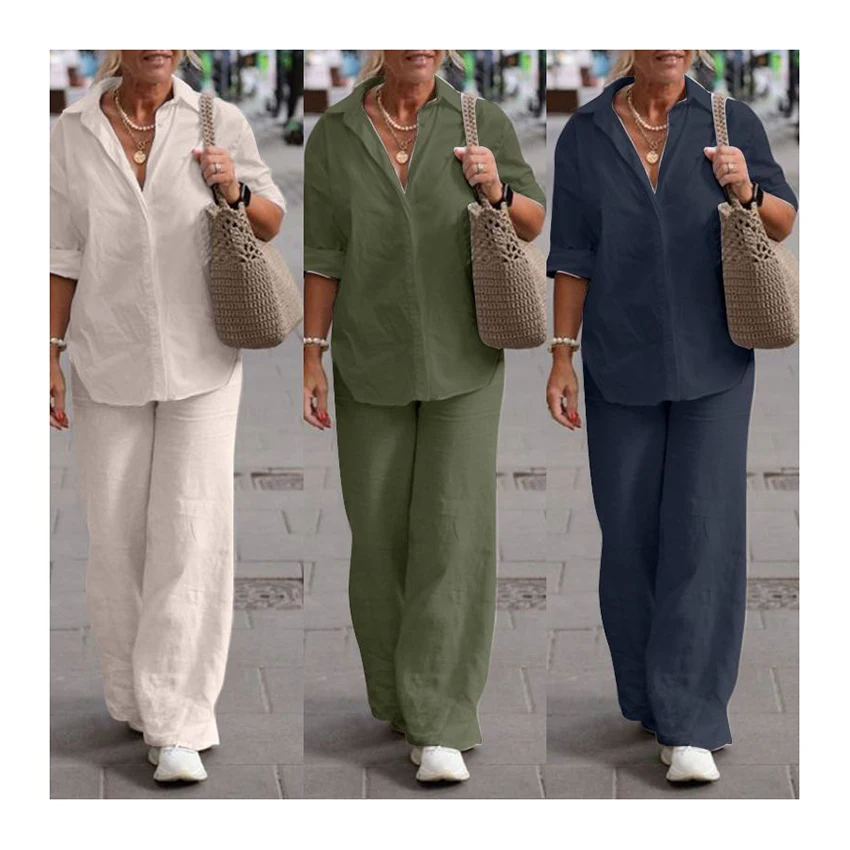 Conjunto Feminino Primavera Verão Novo de Camisa e Calça, Roupas Casuais de Linho Tamanhos Grandes, Conjunto de Duas Peças Feminino