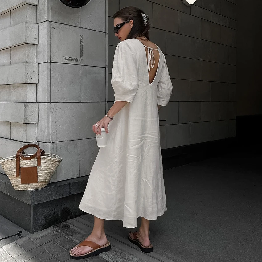 Vestido Feminino de Algodão com Decote em V OOTN, Macio, Verão 2023, Manga Bufante, Longo, Sem Costas, com Botões, Elegante, Bege, para - Imagem 3