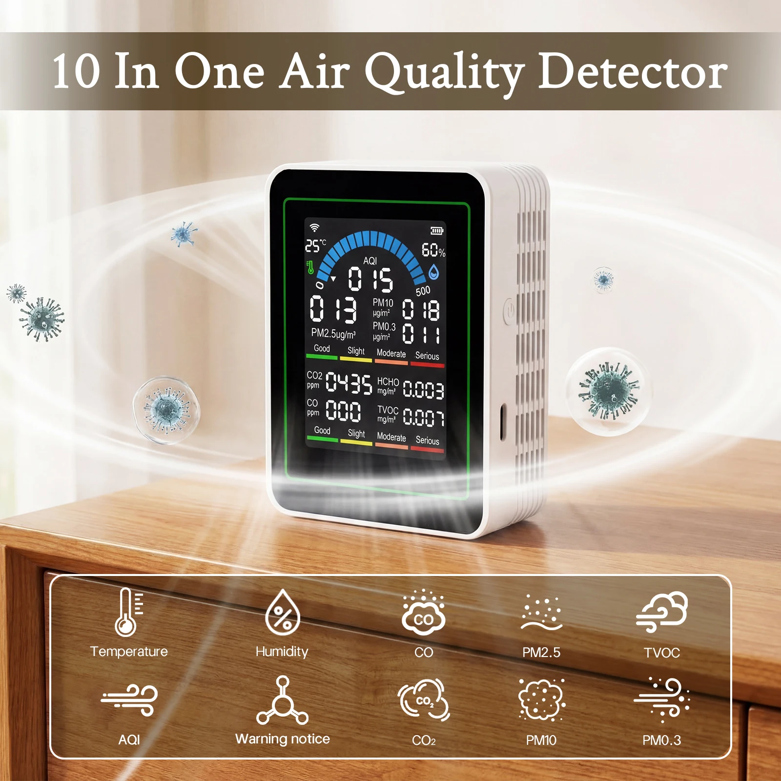 Monitor de Qualidade do Ar Interno WIFI 10-em-1 CO2 CO TVOC HCHO PM2.5 PM10 Temperatura AQI com TUYA para Casa e Escritório - Imagem 3