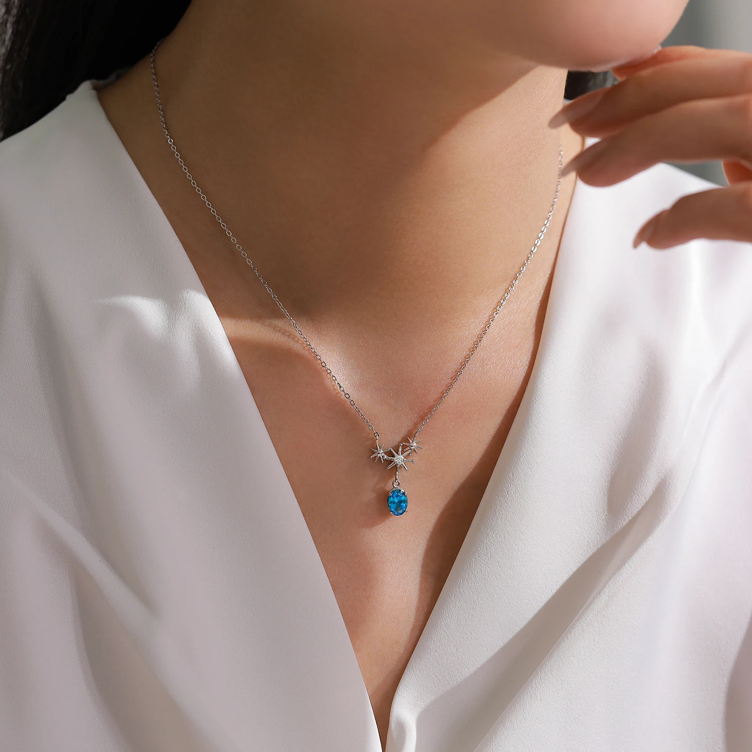 Conjunto de Brincos e Colar de Luxo em Prata Esterlina 925 com Estrela Azul para Mulheres - Imagem 2