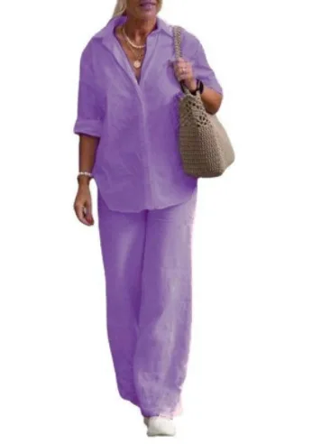 Conjunto Feminino Primavera Verão Novo de Camisa e Calça, Roupas Casuais de Linho Tamanhos Grandes, Conjunto de Duas Peças Feminino - Imagem 6