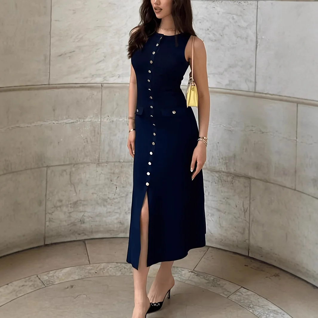 Elegante Vestidos Mulheres de malha com nervuras vestido longo com gola redonda botões sem mangas Slim Fit Sweater Dress - Imagem 11