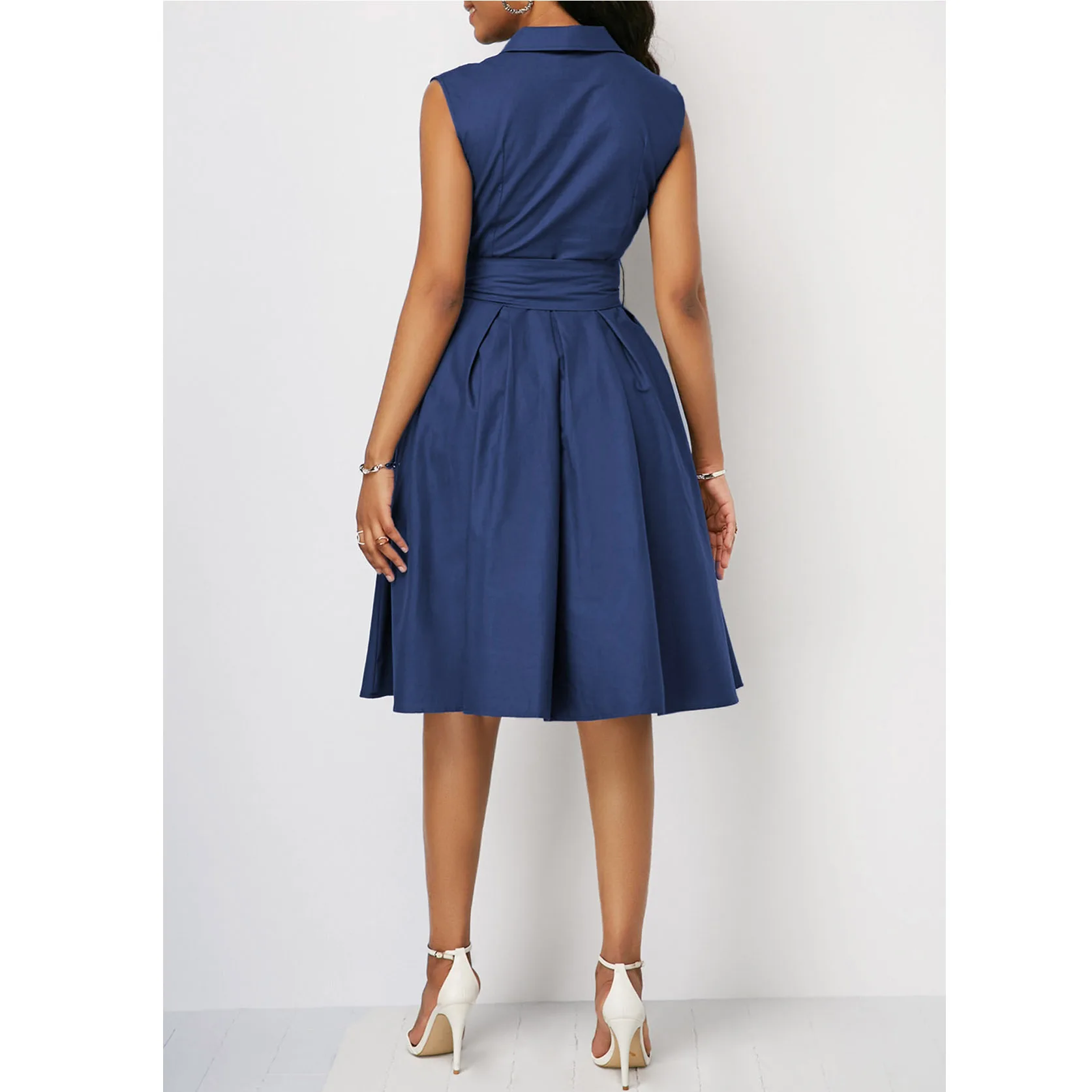 Sem Mangas Na Altura Do Joelho Cor Sólida Turn Down Collar Plus Size Vestido Casual para As Mulheres Primavera Verão Vestindo Roupas Femininas - Imagem 2