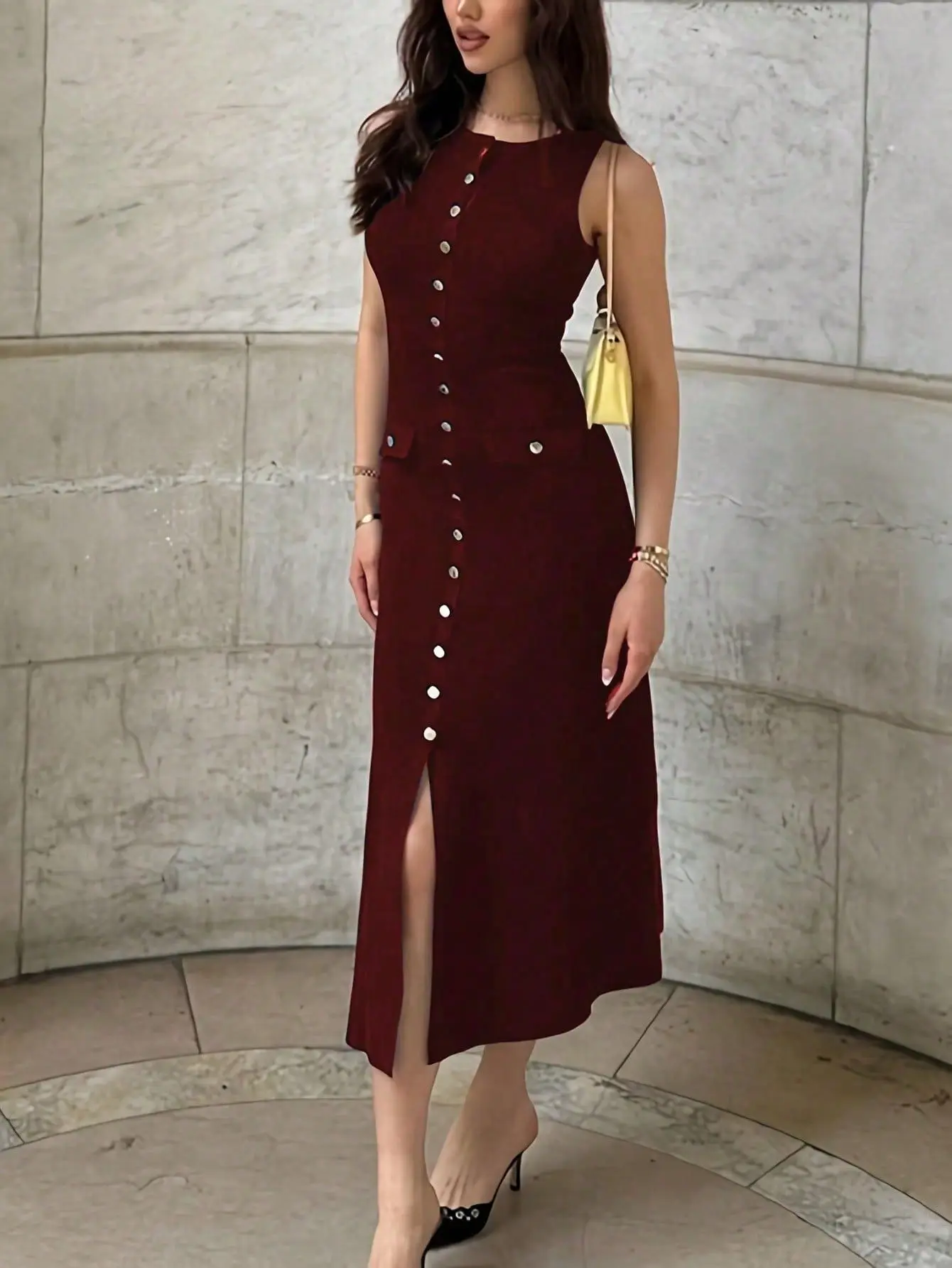 Elegante Vestidos Mulheres de malha com nervuras vestido longo com gola redonda botões sem mangas Slim Fit Sweater Dress - Imagem 10