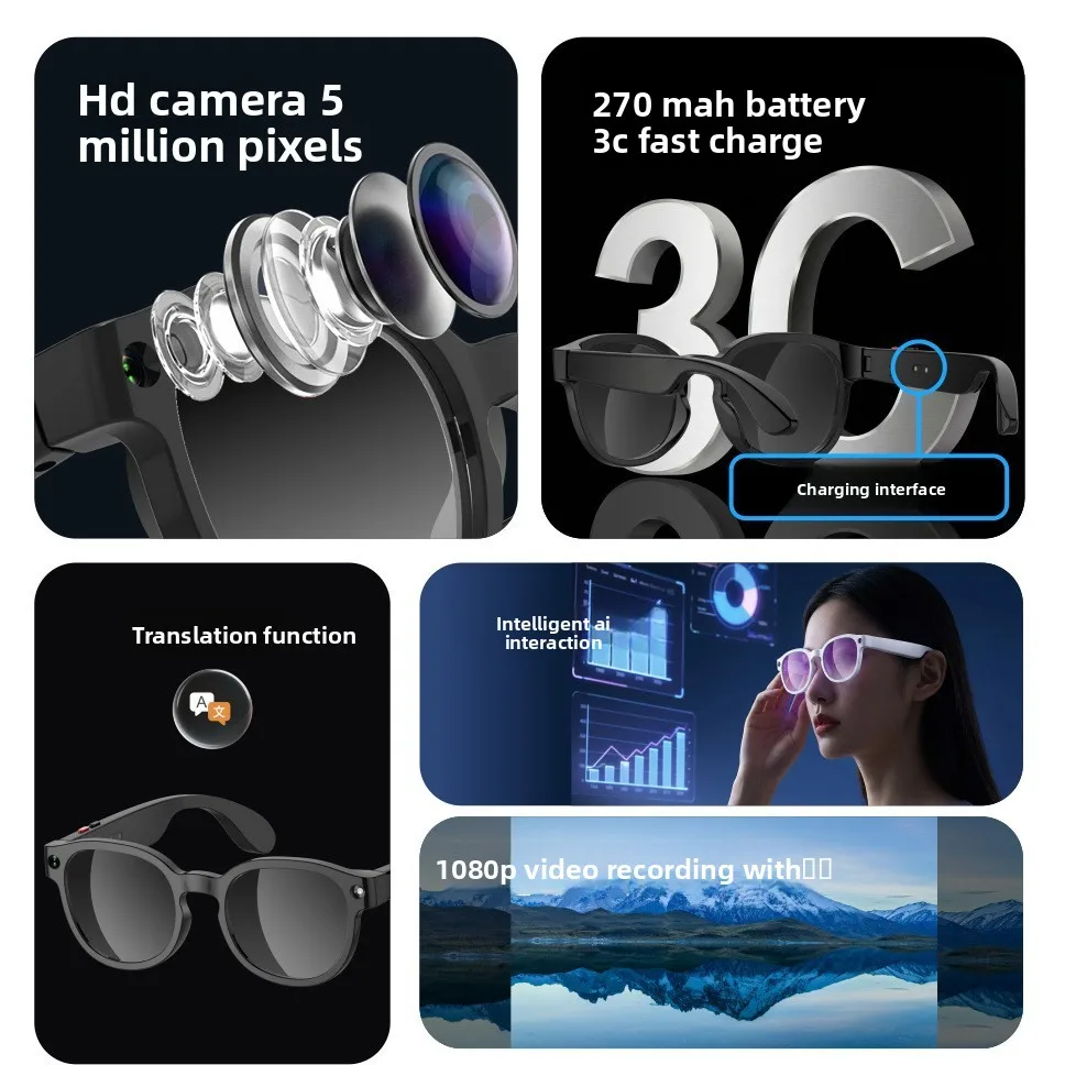 Novos Óculos Inteligentes AIMB-S1 com Câmera de 5MP, Reprodução de Música, Gravação de Chamadas + Gravação de Vídeo + Tradução por IA + - Imagem 4