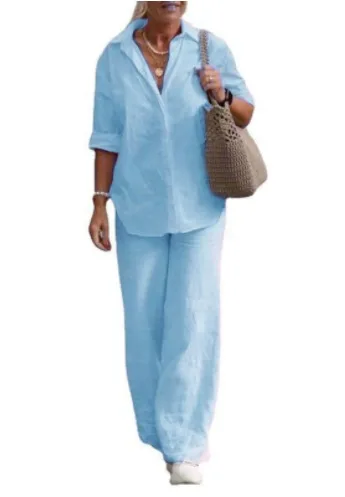 Conjunto Feminino Primavera Verão Novo de Camisa e Calça, Roupas Casuais de Linho Tamanhos Grandes, Conjunto de Duas Peças Feminino - Imagem 3