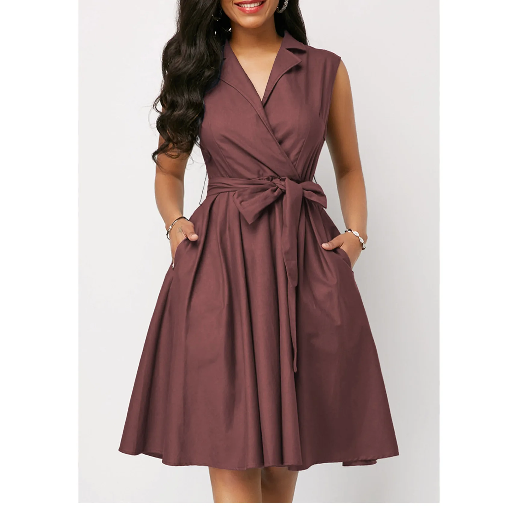 Sem Mangas Na Altura Do Joelho Cor Sólida Turn Down Collar Plus Size Vestido Casual para As Mulheres Primavera Verão Vestindo Roupas Femininas - Imagem 8