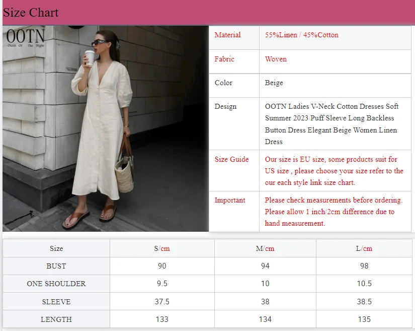 Vestido Feminino de Algodão com Decote em V OOTN, Macio, Verão 2023, Manga Bufante, Longo, Sem Costas, com Botões, Elegante, Bege, para - Imagem 6
