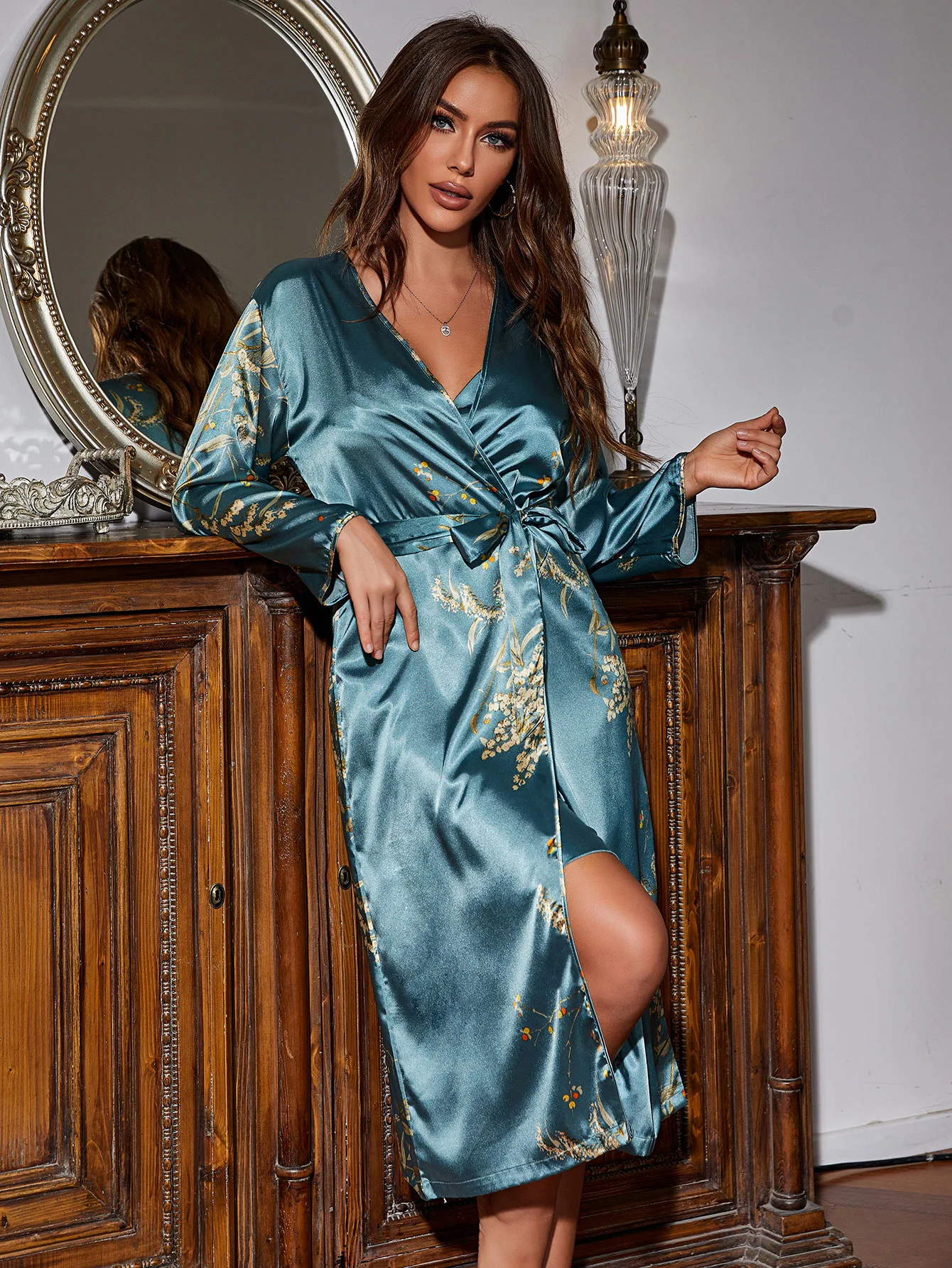 Roupões de Seda Femininos para Noivas e Damas de Honra, Kimono de Cetim, Robe de Banho com Decote em V, Pijamas de Cetim, Lingerie de Dia dos Namorados com Cinto para Mulheres - Imagem 7