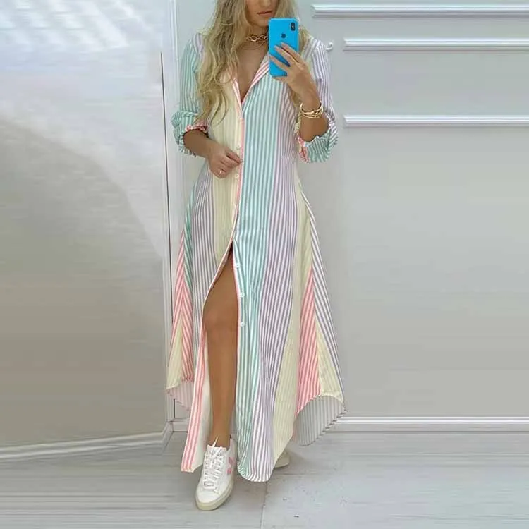 Vestido Feminino Longo Irregular com Botões Estampa de Jornais Primavera Verão - Imagem 13