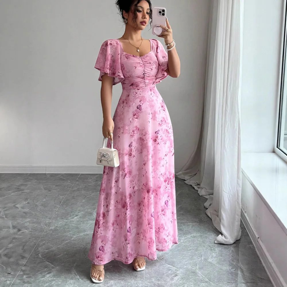 Novo Vestido Floral Feminino de Primavera e Verão com Fenda e Saia Ampla Estilo Europeu e Americano - Imagem 7