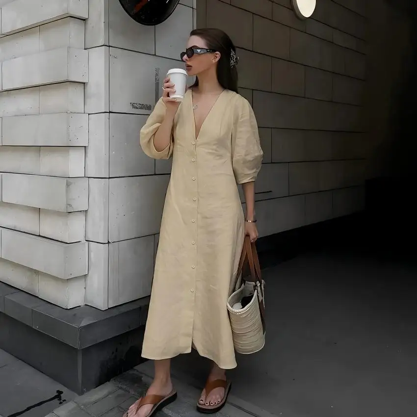 Vestido Feminino de Algodão com Decote em V OOTN, Macio, Verão 2023, Manga Bufante, Longo, Sem Costas, com Botões, Elegante, Bege, para - Imagem 8