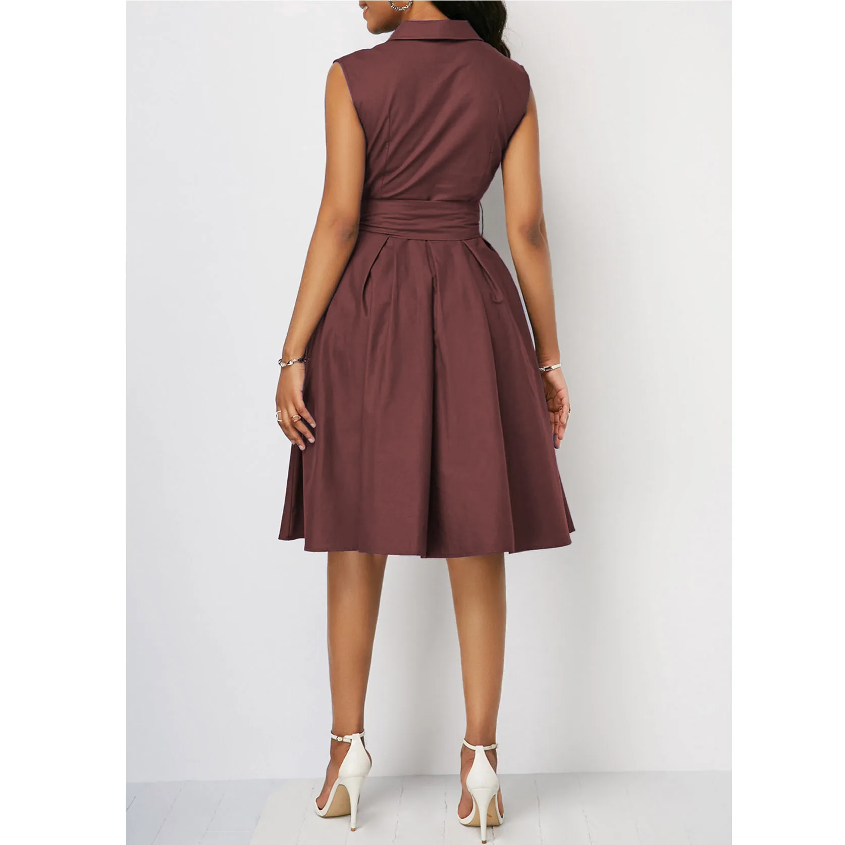Sem Mangas Na Altura Do Joelho Cor Sólida Turn Down Collar Plus Size Vestido Casual para As Mulheres Primavera Verão Vestindo Roupas Femininas - Imagem 4