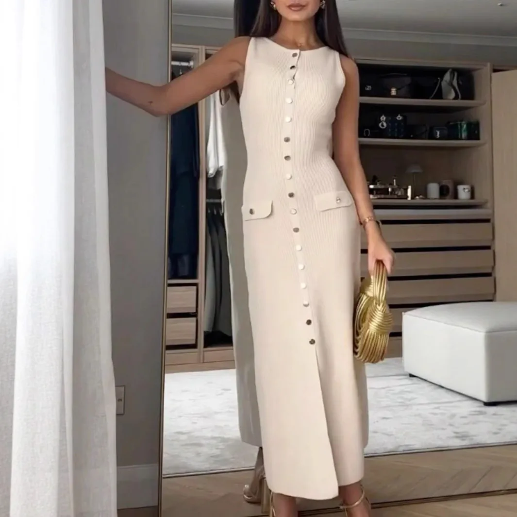 Elegante Vestidos Mulheres de malha com nervuras vestido longo com gola redonda botões sem mangas Slim Fit Sweater Dress - Imagem 4