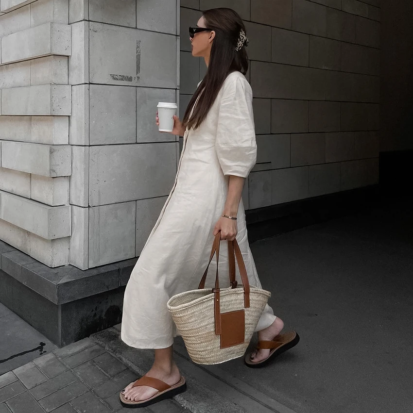 Vestido Feminino de Algodão com Decote em V OOTN, Macio, Verão 2023, Manga Bufante, Longo, Sem Costas, com Botões, Elegante, Bege, para - Imagem 2