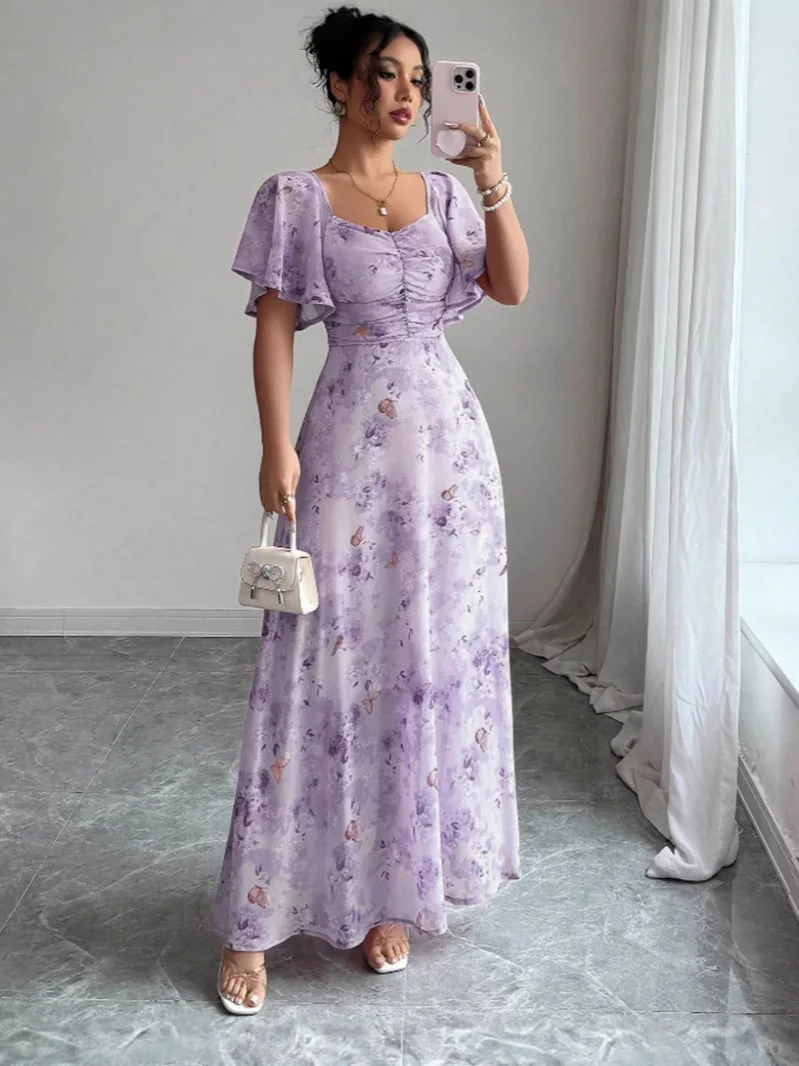 Novo Vestido Floral Feminino de Primavera e Verão com Fenda e Saia Ampla Estilo Europeu e Americano - Imagem 2