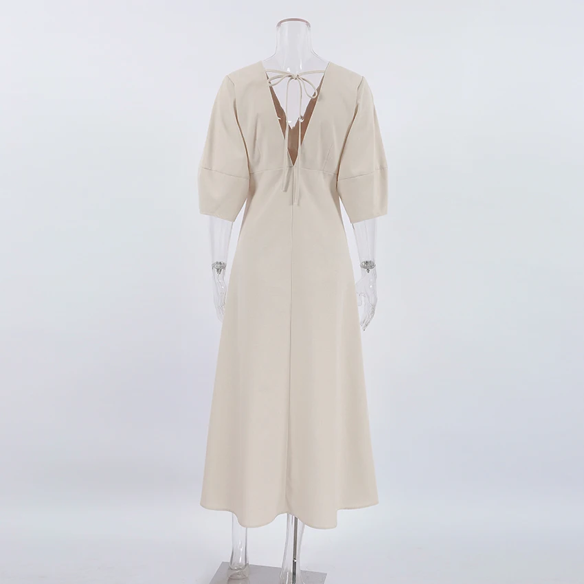 Vestido Feminino de Algodão com Decote em V OOTN, Macio, Verão 2023, Manga Bufante, Longo, Sem Costas, com Botões, Elegante, Bege, para - Imagem 5