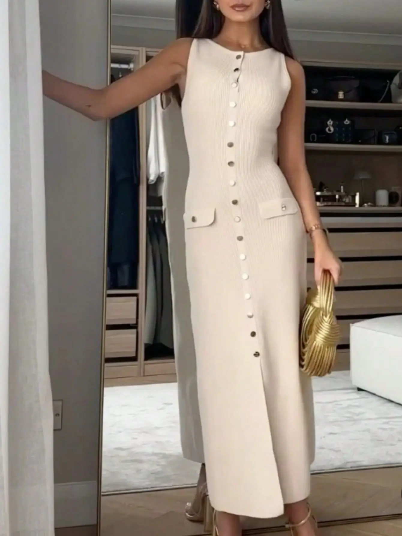 Elegante Vestidos Mulheres de malha com nervuras vestido longo com gola redonda botões sem mangas Slim Fit Sweater Dress - Imagem 7
